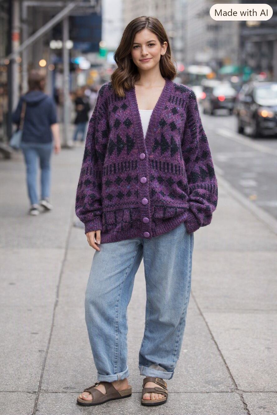 Purple Vintage Grandpa Cardigan Sz Small Geometric Sweater